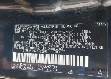 2008 Toyota Tundra Base 5.7L V8 z USA, uszkodzony, nr VIN 5TBBV54168S522904